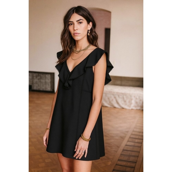 Sézane Black Sleeveless Ruffle V-Neck Dress Size 40 / M Elegant Parisian Style - Picture 2 of 11